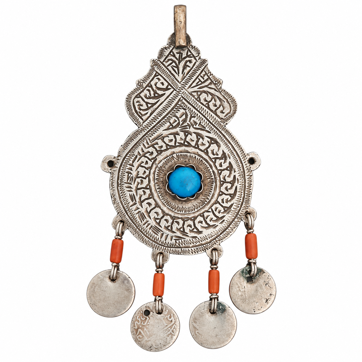 Berber Antique Silver Coral Pendant Necklace with Engraved Jewelry Design
