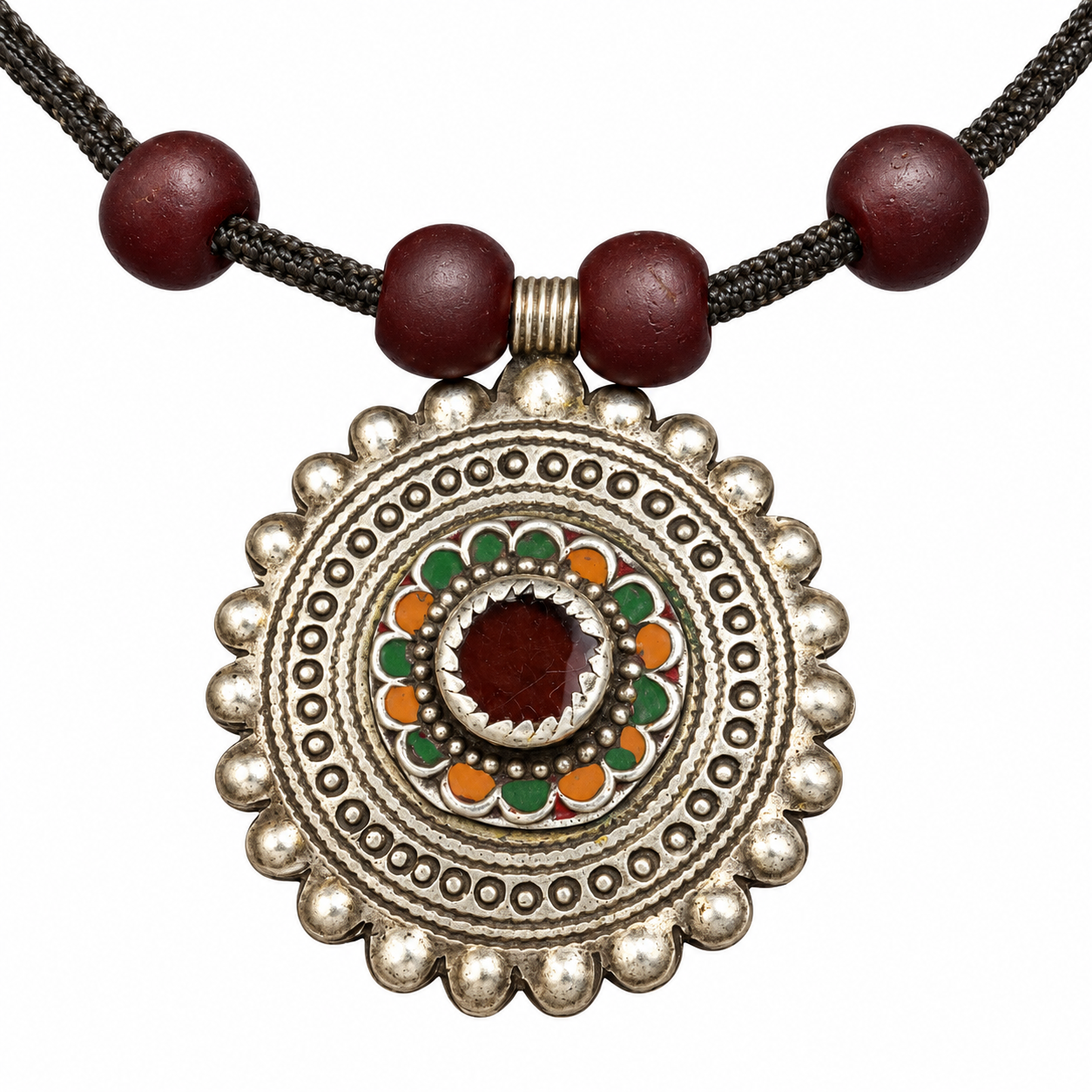 Berber Antique Silver Pendant Necklace with Dark Red Glass Beads