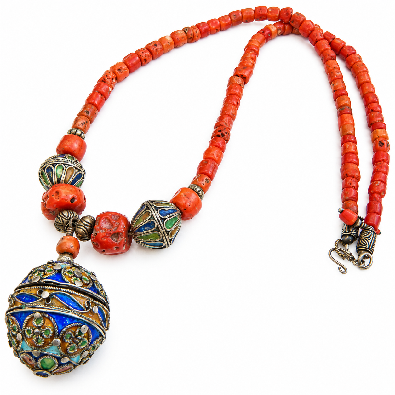 Berber Antique TAGUEMOUT Enamel Perfume Pendant Coral Necklace