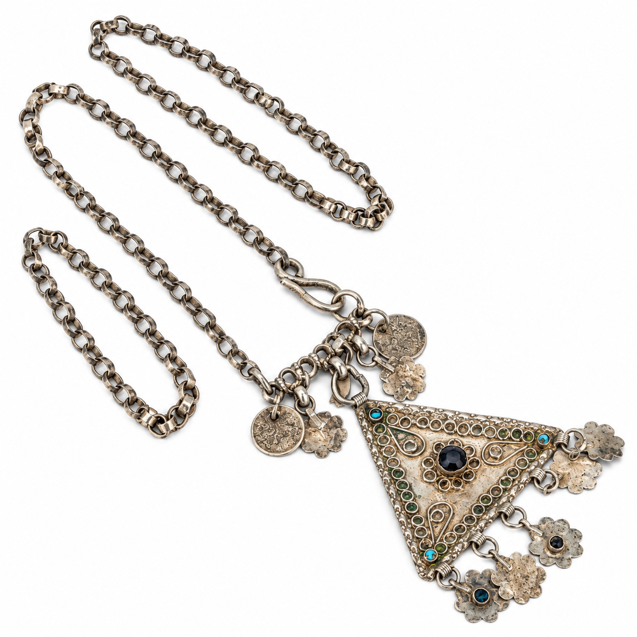 Berber Antique Triangular Pendant Necklace with Long Chain Design