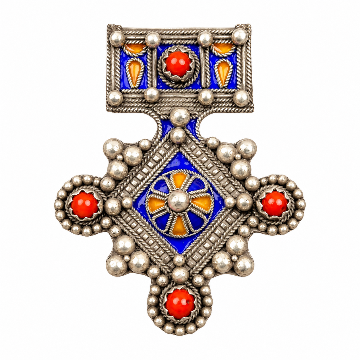 Berber Baghdad Vintage Pendant Necklace with Red Beads and Silver
