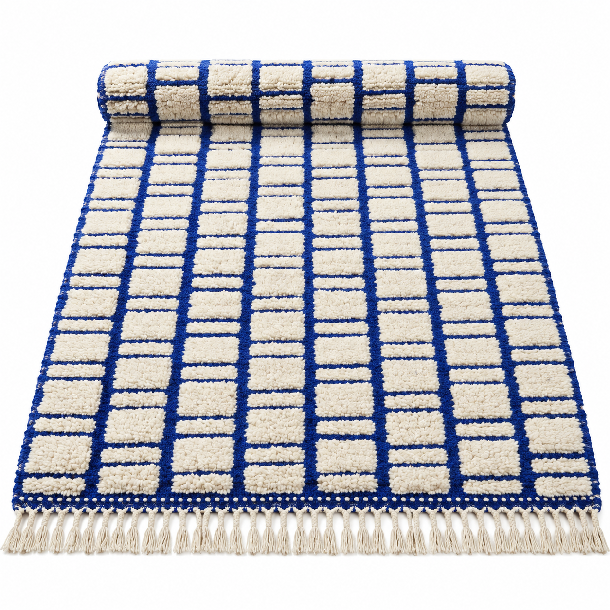 Berber Beni Ourain Blue Grid Handmade Wool Rug with Boujaad Style