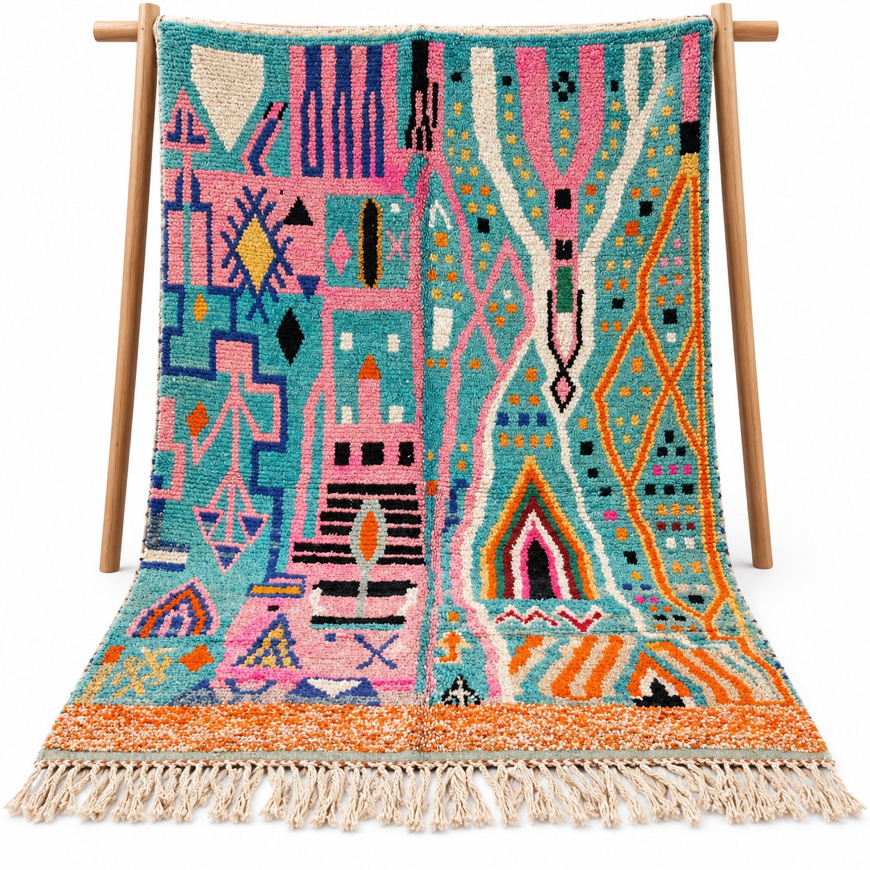 Berber Beni Ourain Hand Knotted Colorful Turquoise Wool Rug