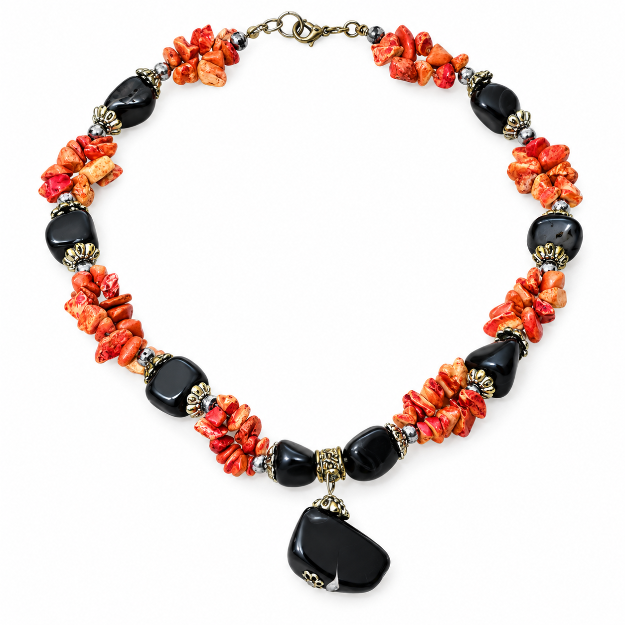 Berber Black Onyx Coral Necklace with Natural Gemstone Beads