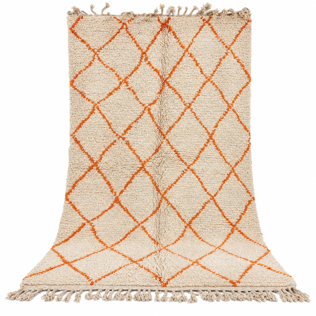 Berber Care Handmade White Wool Rug with Orange Design