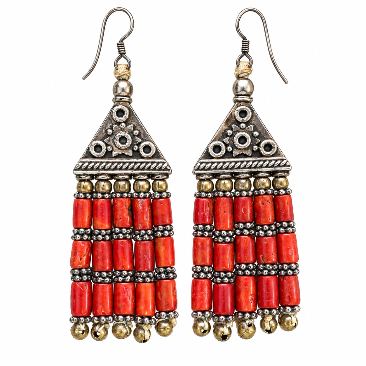 Berber Coral Drop Earrings with Silver Tribal Beaded Design