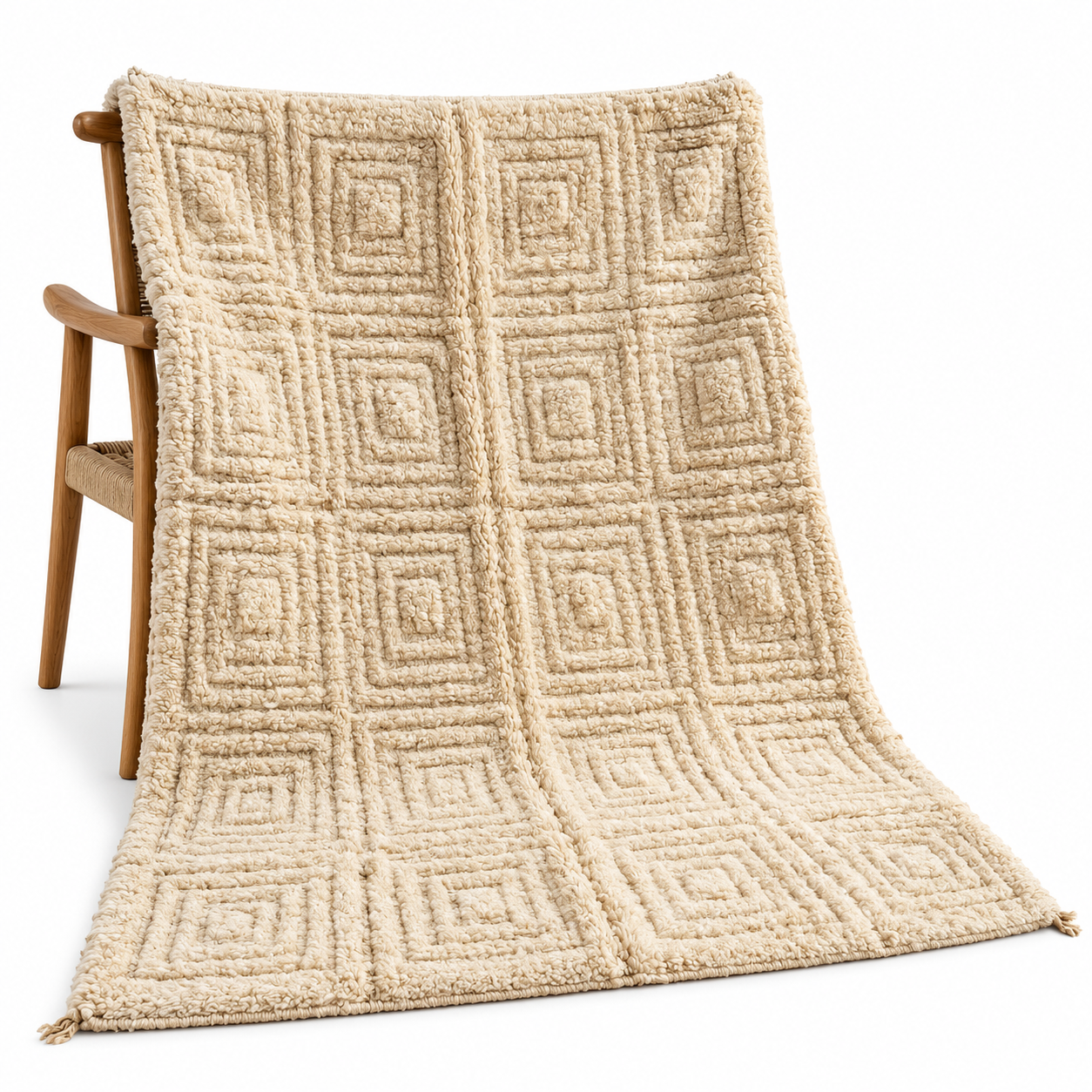 Berber Cream Textured Grid Pattern Handwoven Wool Rug Atlas Decor