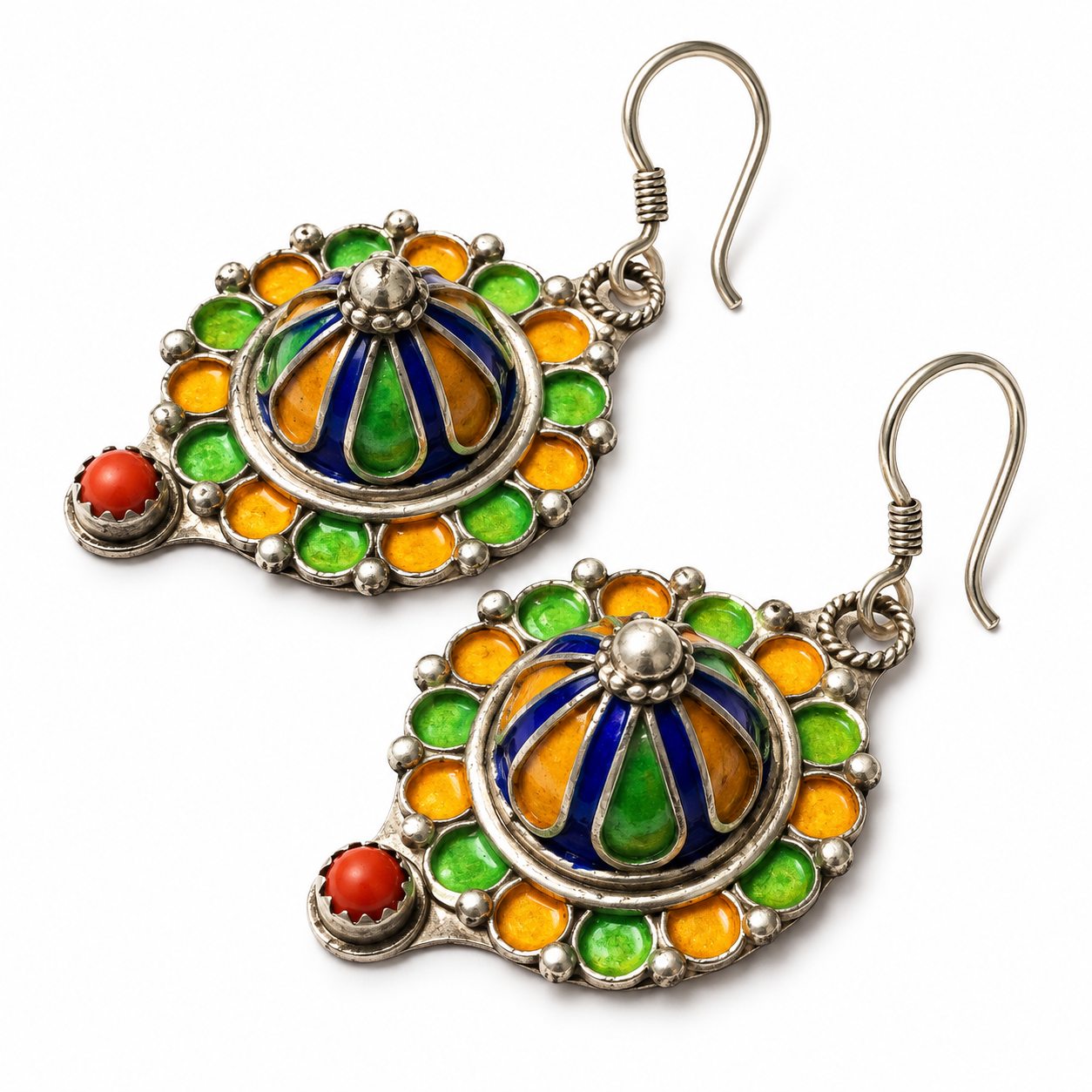 Berber Enamel Silver Earrings with Natural Coral Jewelry Design