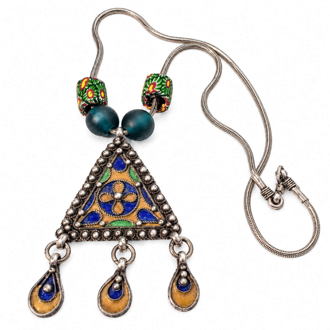 Berber Enamel Silver Pendant Necklace with African Trade Bead Chain