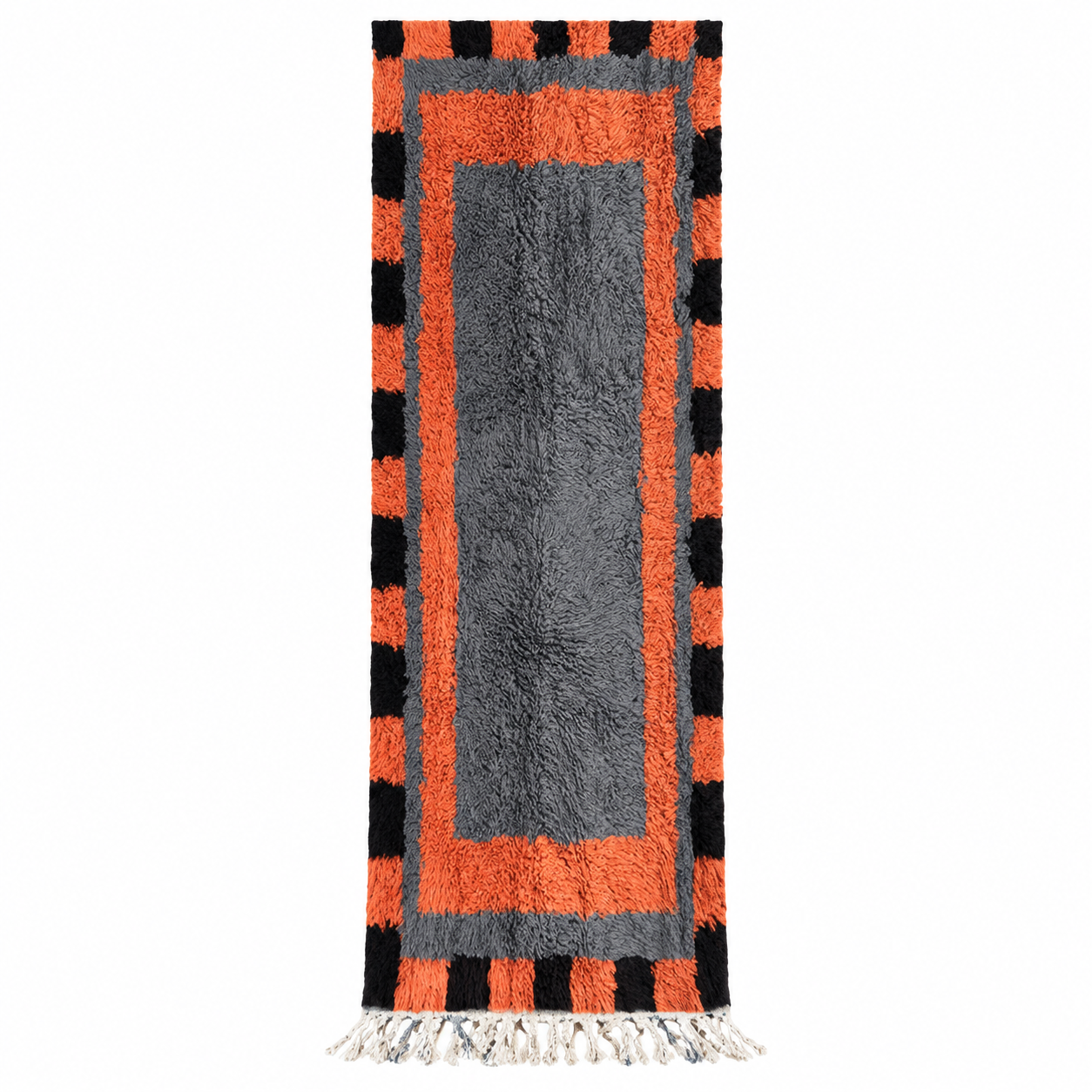 Berber Geometric Wool Runner Rug Gray Orange Black Border