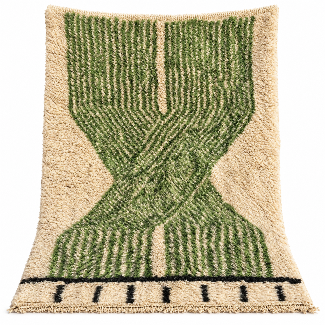 Berber Green Cream Plush Textured Wool Rug Geometric Design