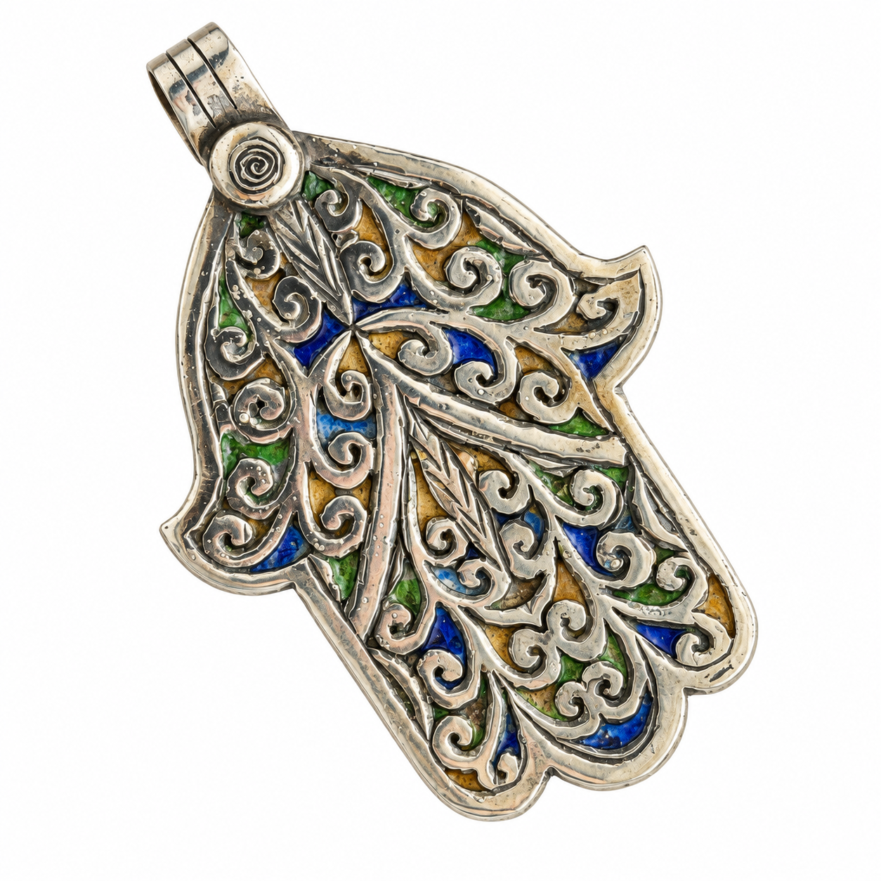 Berber Hamsa Enamel Pendant Solid Silver Necklace Vintage Style