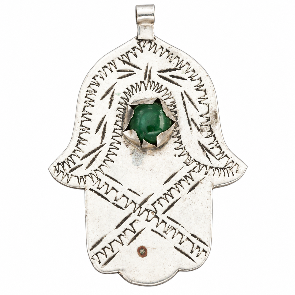 Berber Hamsa Khamsa Silver Pendant Necklace with Green Glass