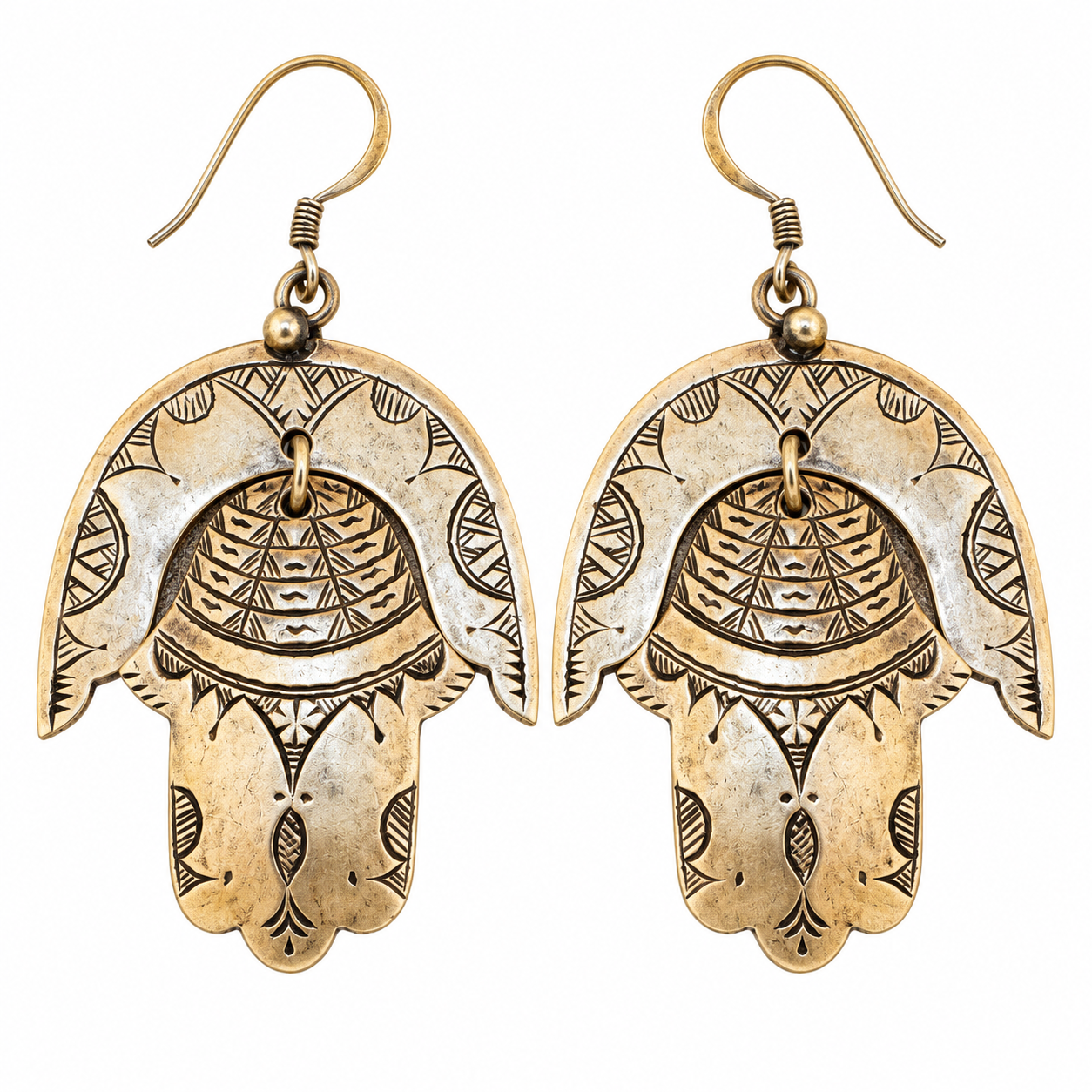 Berber Hamsa Silver Earrings with Hand Engraved Tribal Design