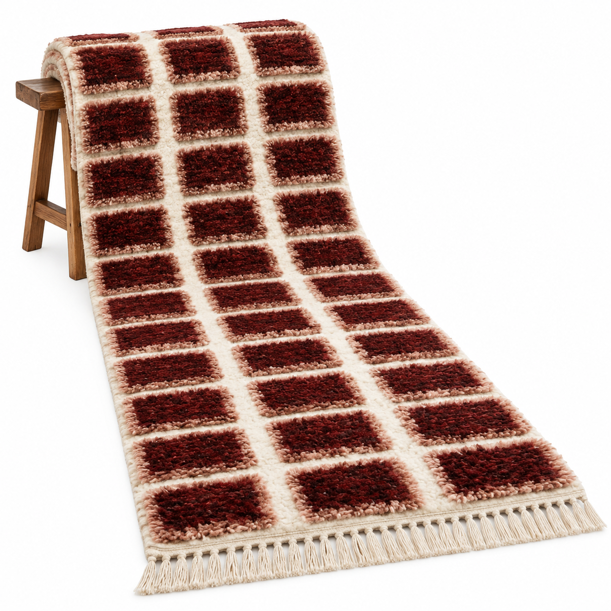 Berber Handmade Ivory Wool Runner Rug with Dark Red Square Pattern