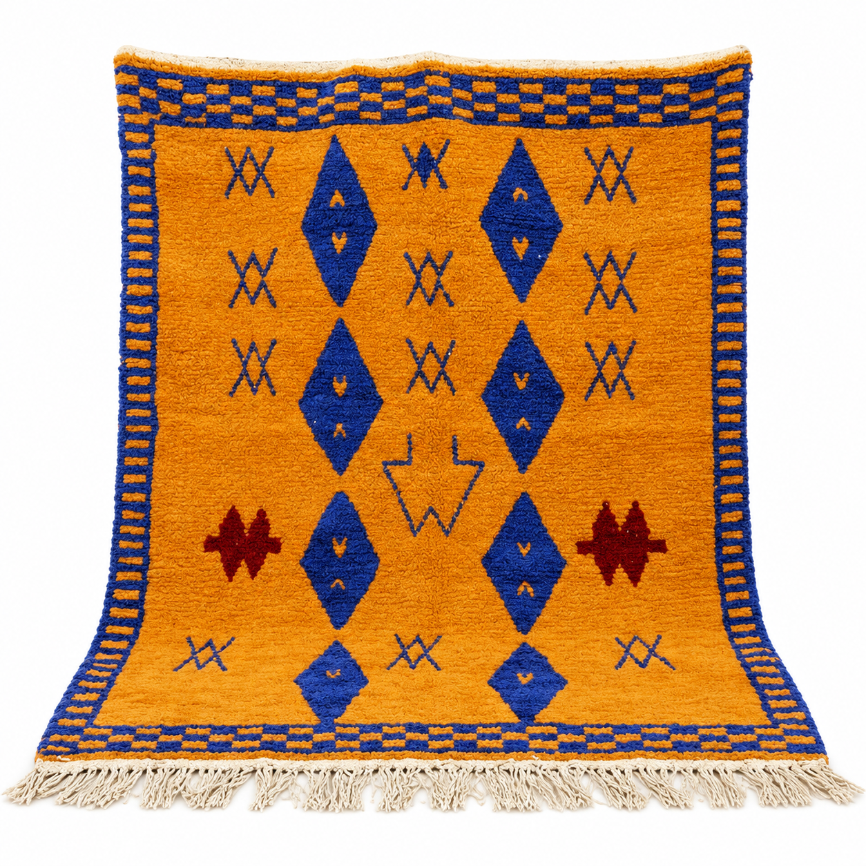 Berber Handmade Mustard Orange and Royal Blue Geometric Wool Rug