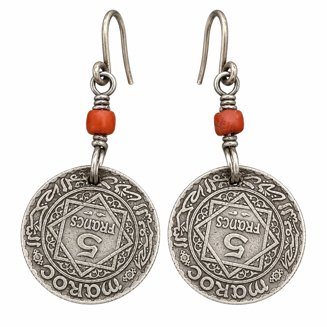 Berber Handmade Silver Coin Earrings with Coral Antique Jewelry Design