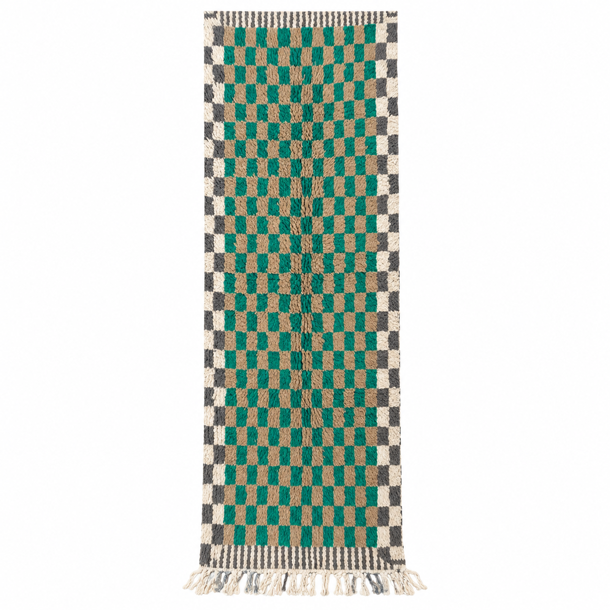 Berber Handwoven Wool Runner Rug with Green Gray Check Pattern