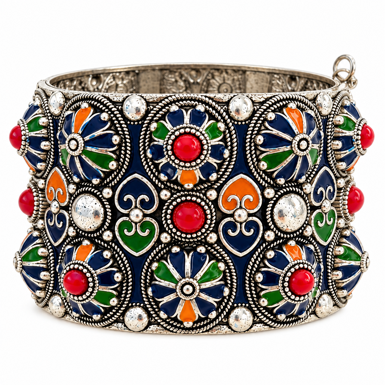 Berber Kabyle Statement Bracelet with Colorful Enamel Cuff Design