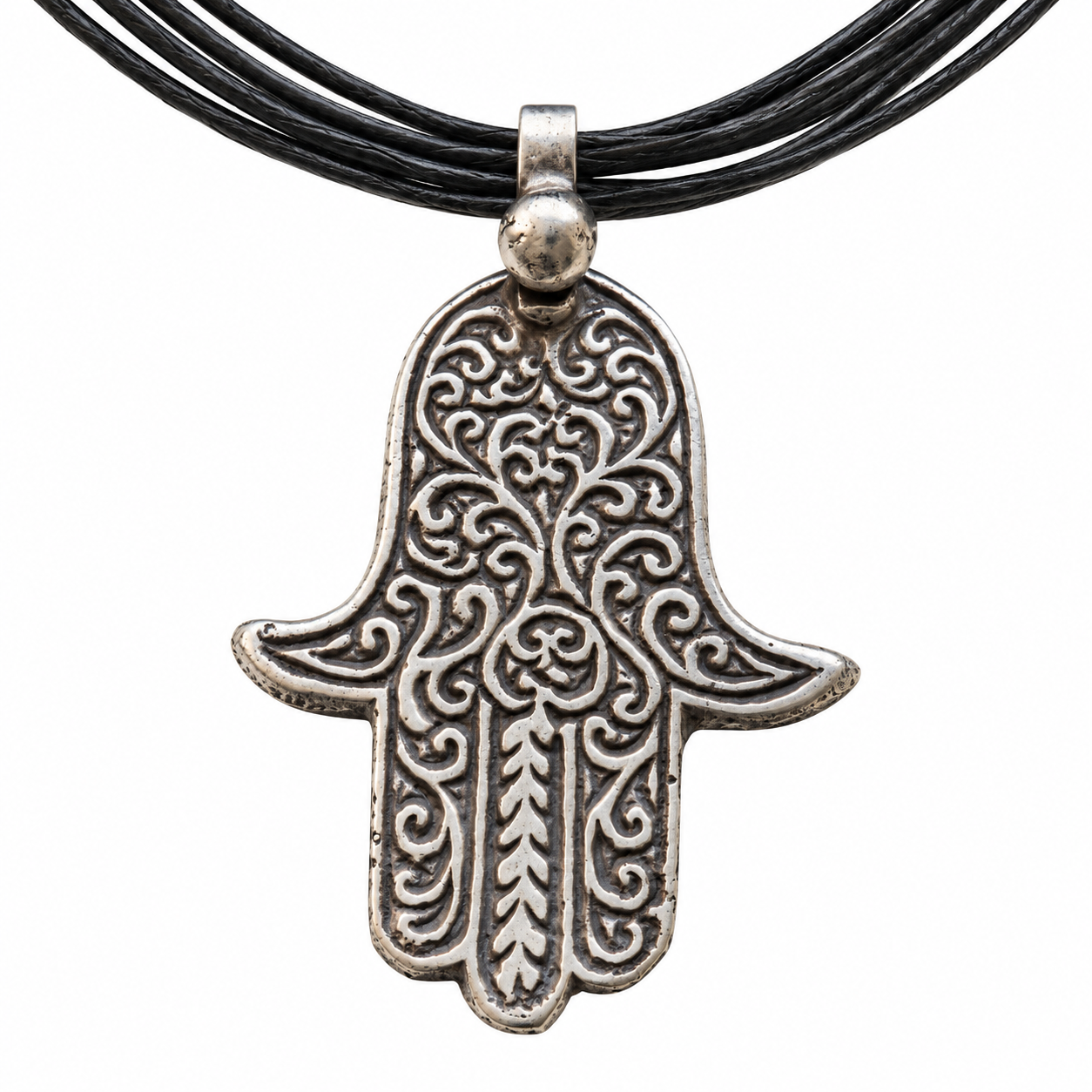 Berber KHAMSA HAMSA Hand Amulet Necklace with Tuareg Leather Cord