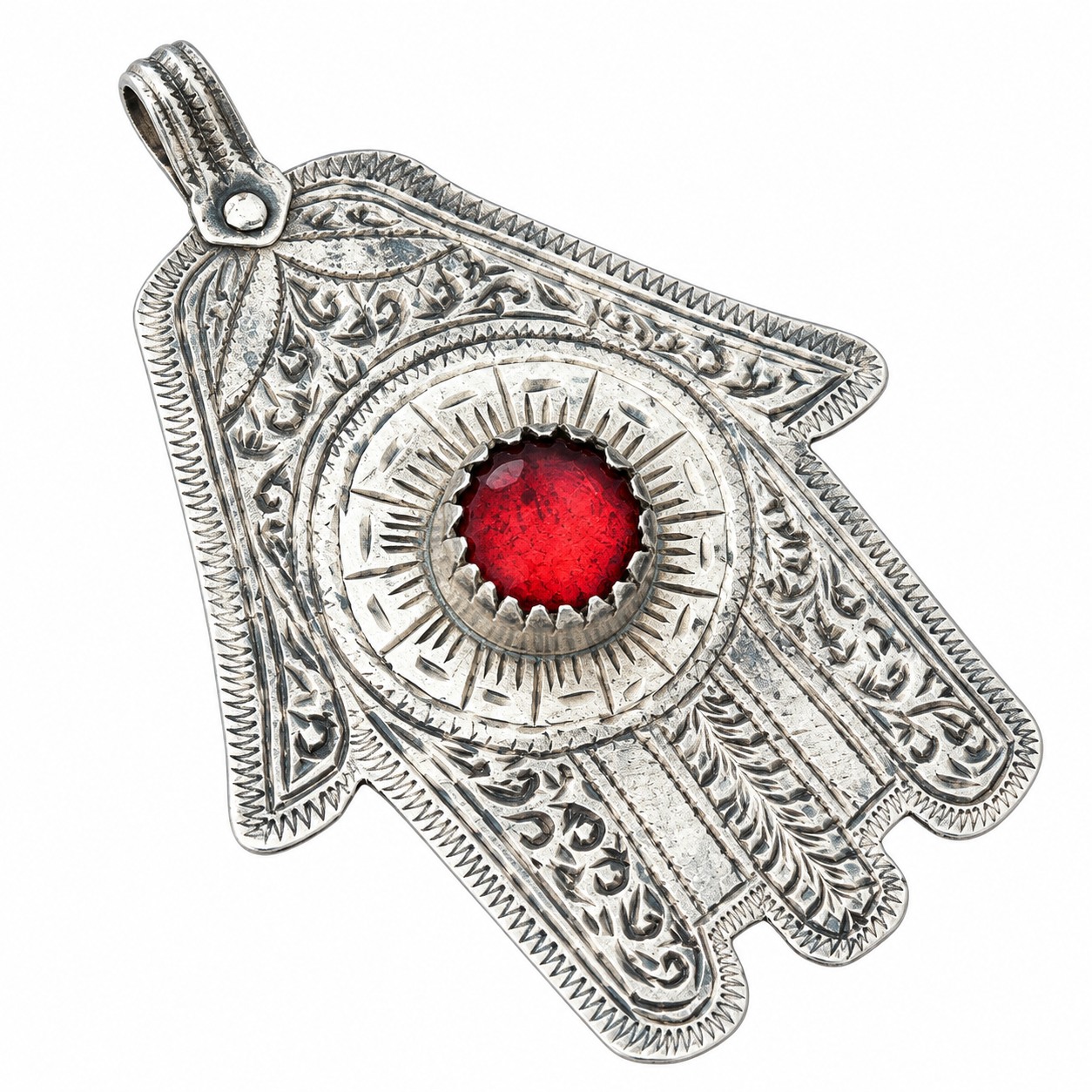 Berber Large Hamsa Necklace with Red Glass Silver Amulet Pendant