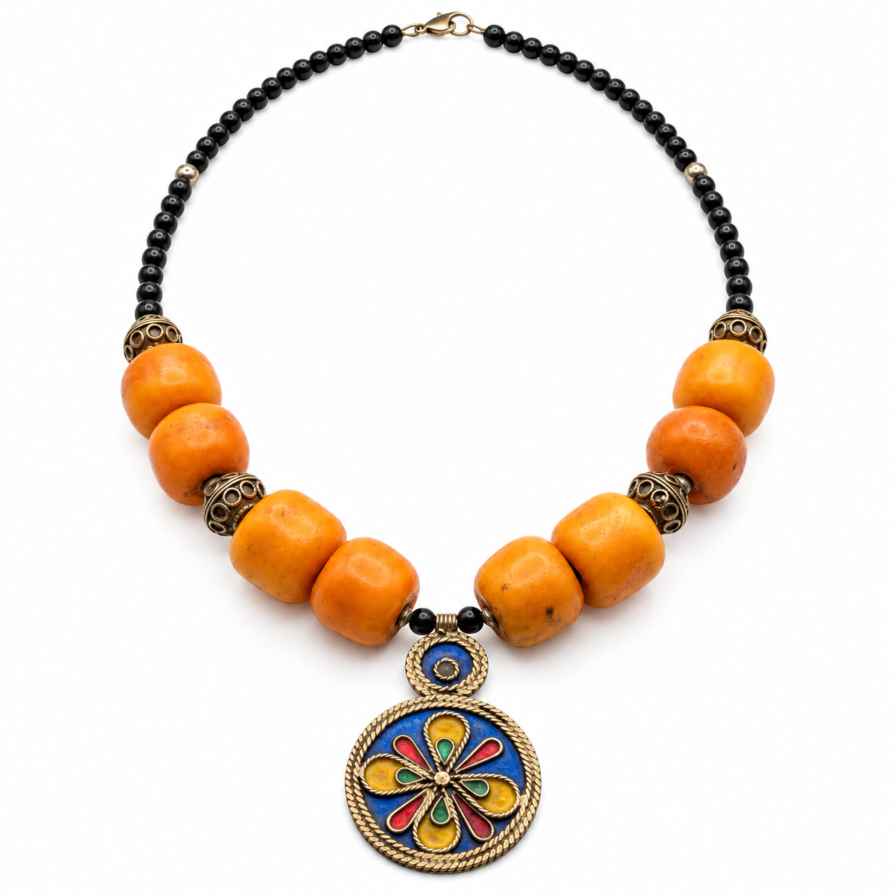 Berber Pendant Necklace with Orange Beads and Enamel Medallion