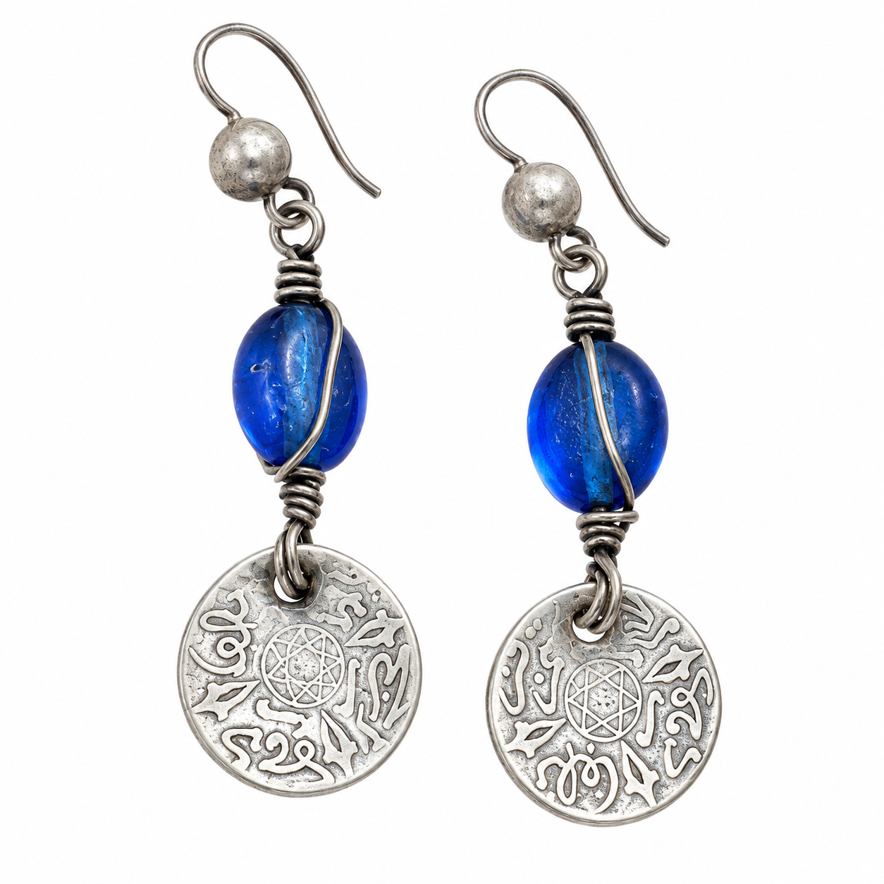 Berber Silver Coin Earrings with Old Glass Bead Design