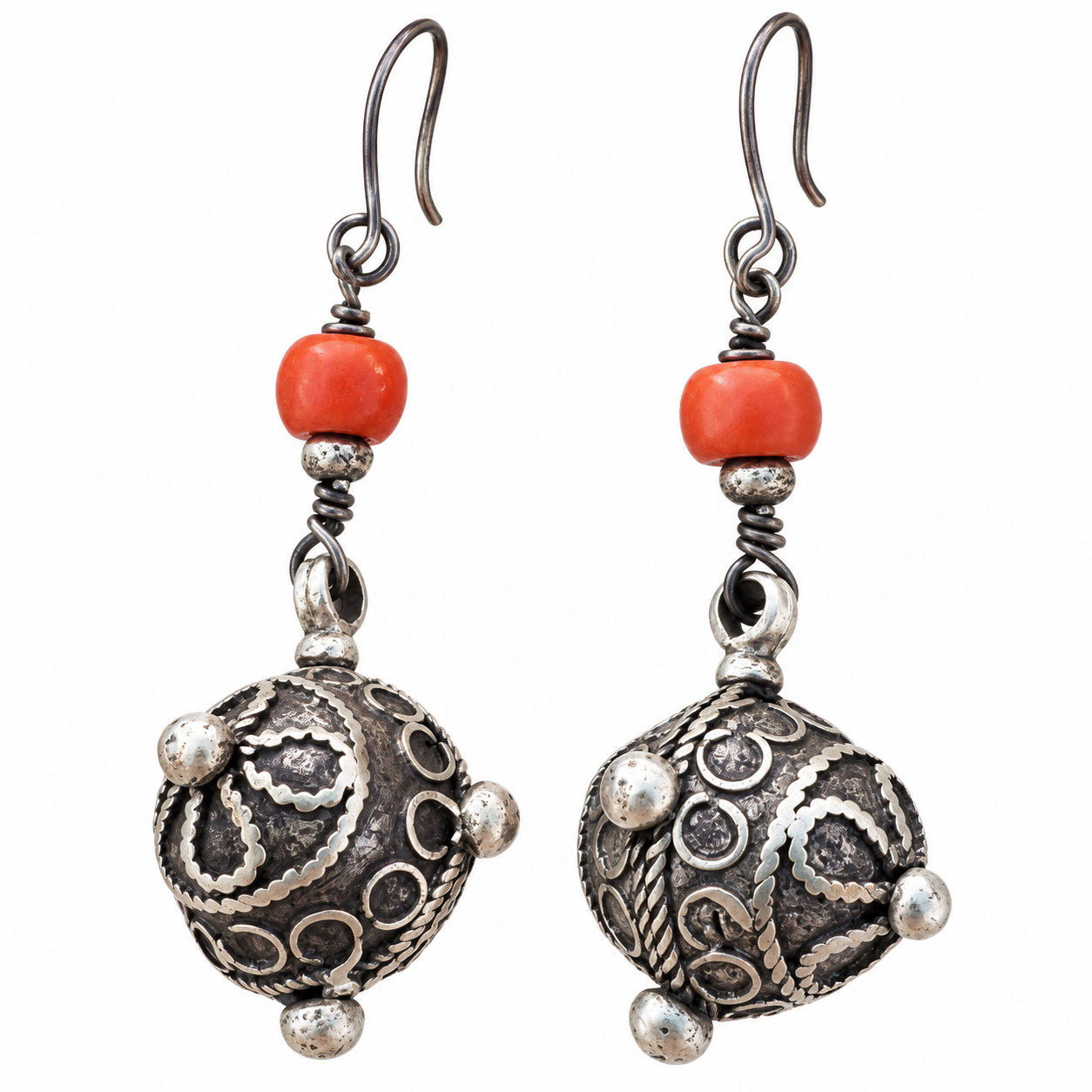 Berber Silver Earrings with Natural Coral Bead Pendants