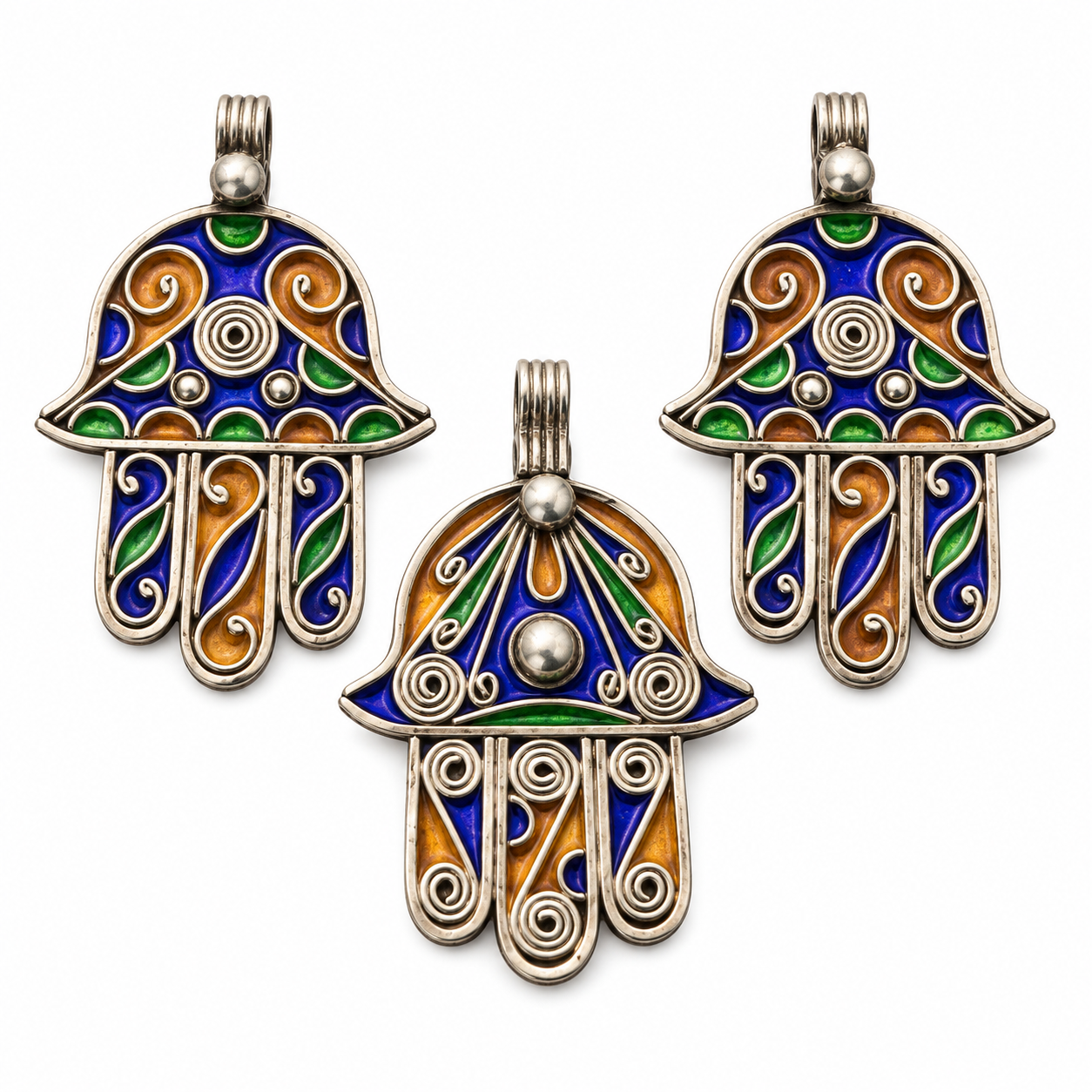 Berber Silver Enamel Khamsa Necklace with Handmade Pendant