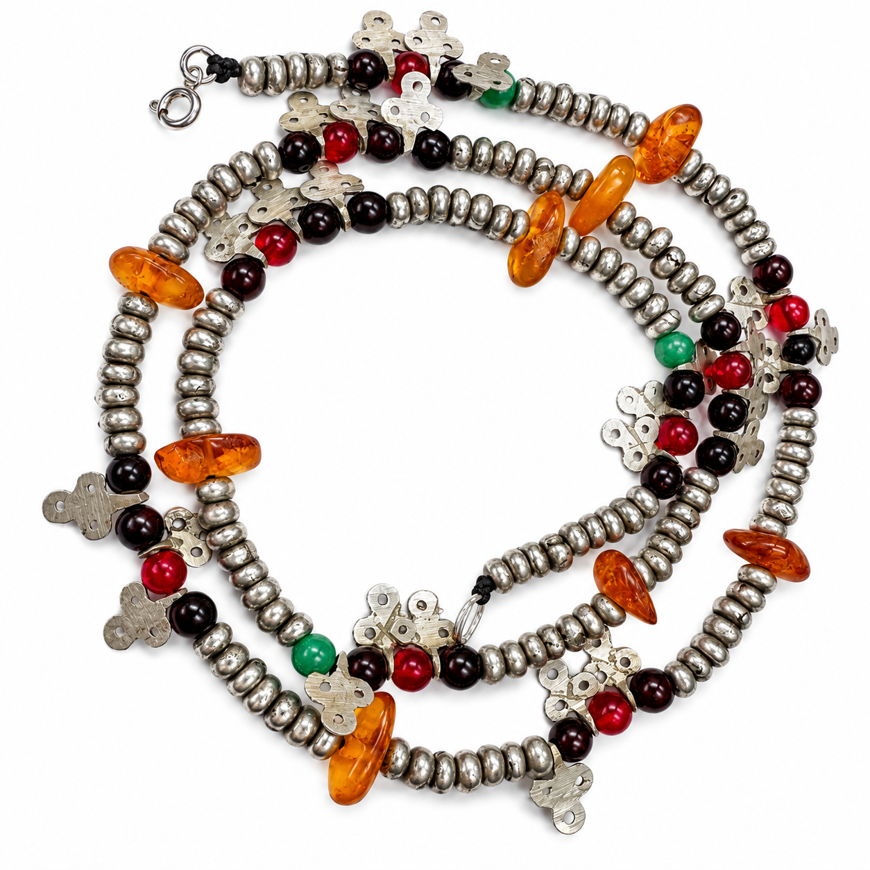 Berber Silver Tasbih Necklace with Amber Beads and Pendants