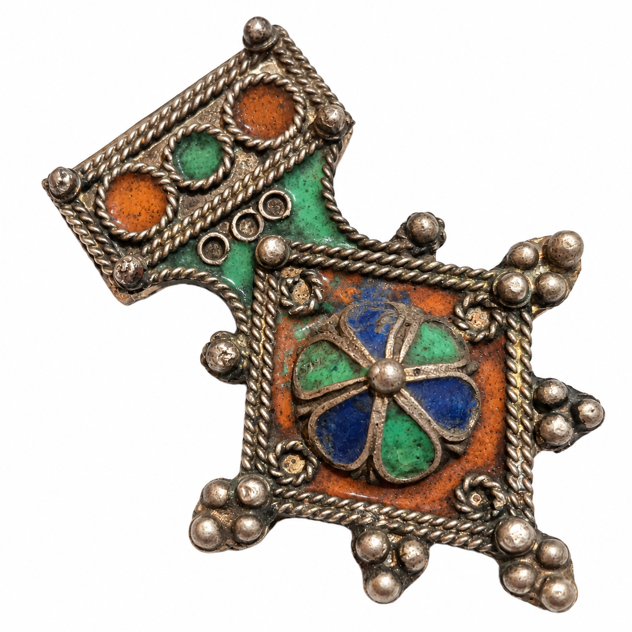 Berber Tarnished Enamel Pendant Necklace Handmade Tribal Design