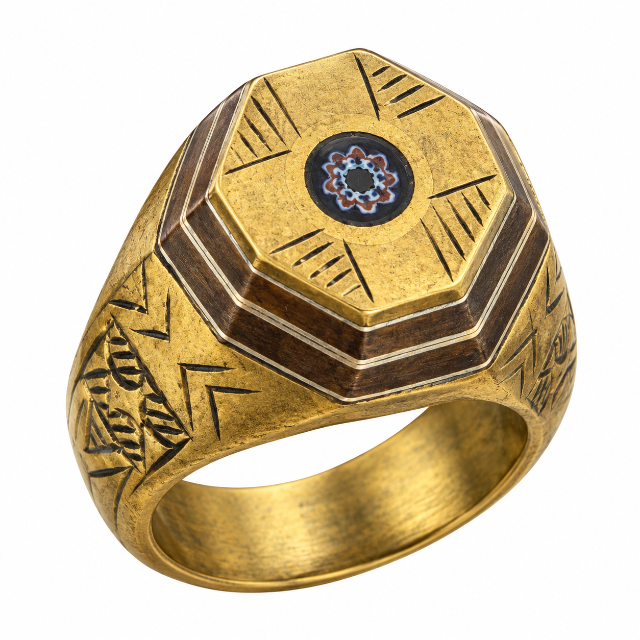 Berber Tuareg Brass Signet Ring with Ebony Wood Inlay