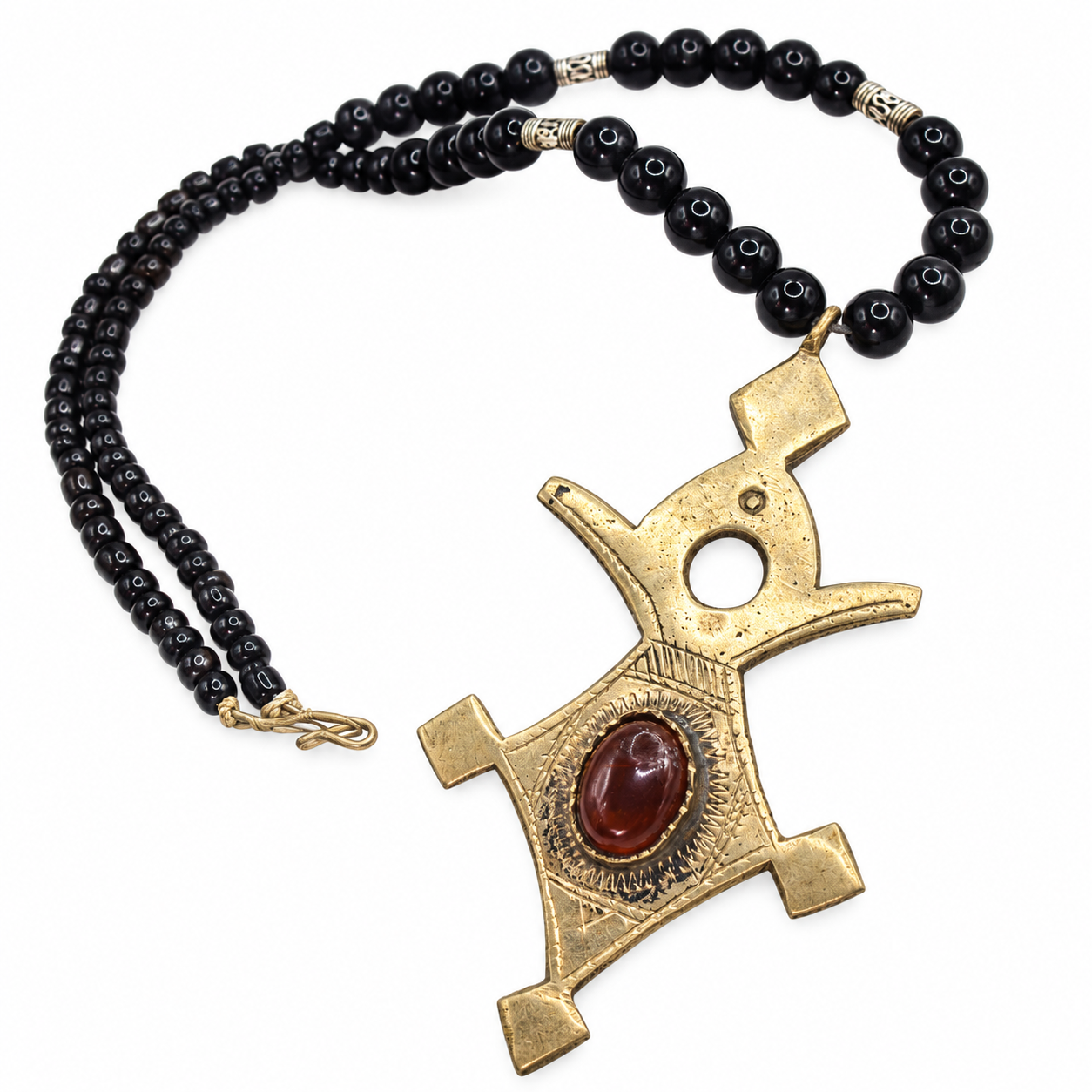 Berber Tuareg Cross Necklace with Carnelian Stone and Black Beads