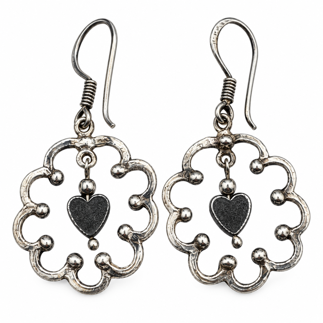 Berber Tuareg Engraved Silver Earrings with Flower Heart Motif