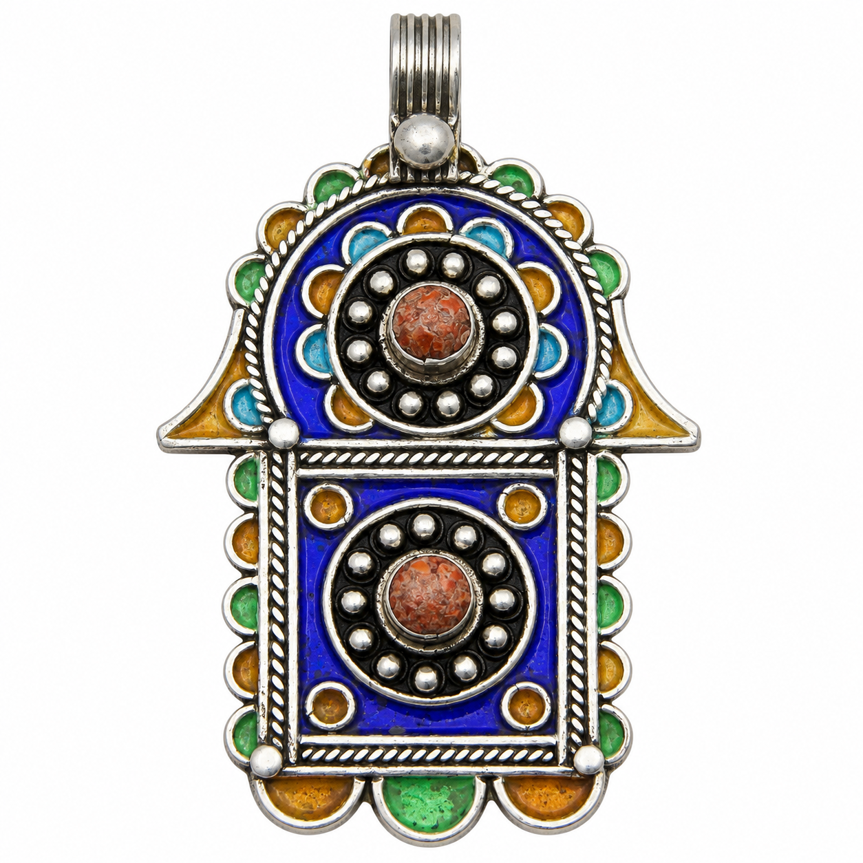 Berber Tuareg Hamsa Pendant Necklace with Blue Enamel Silver Design