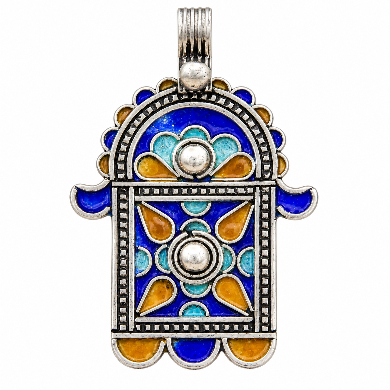 Berber Tuareg Hamsa Pendant Necklace with Sterling Silver Enamel Design