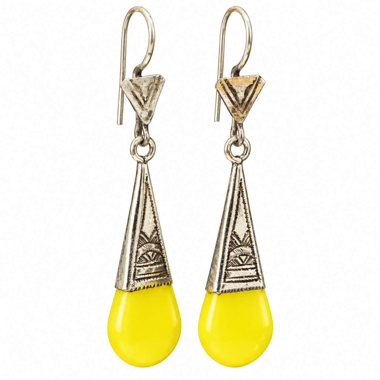 Berber Tuareg Silver and Glass Yellow Earrings with Verre In-Gall Design