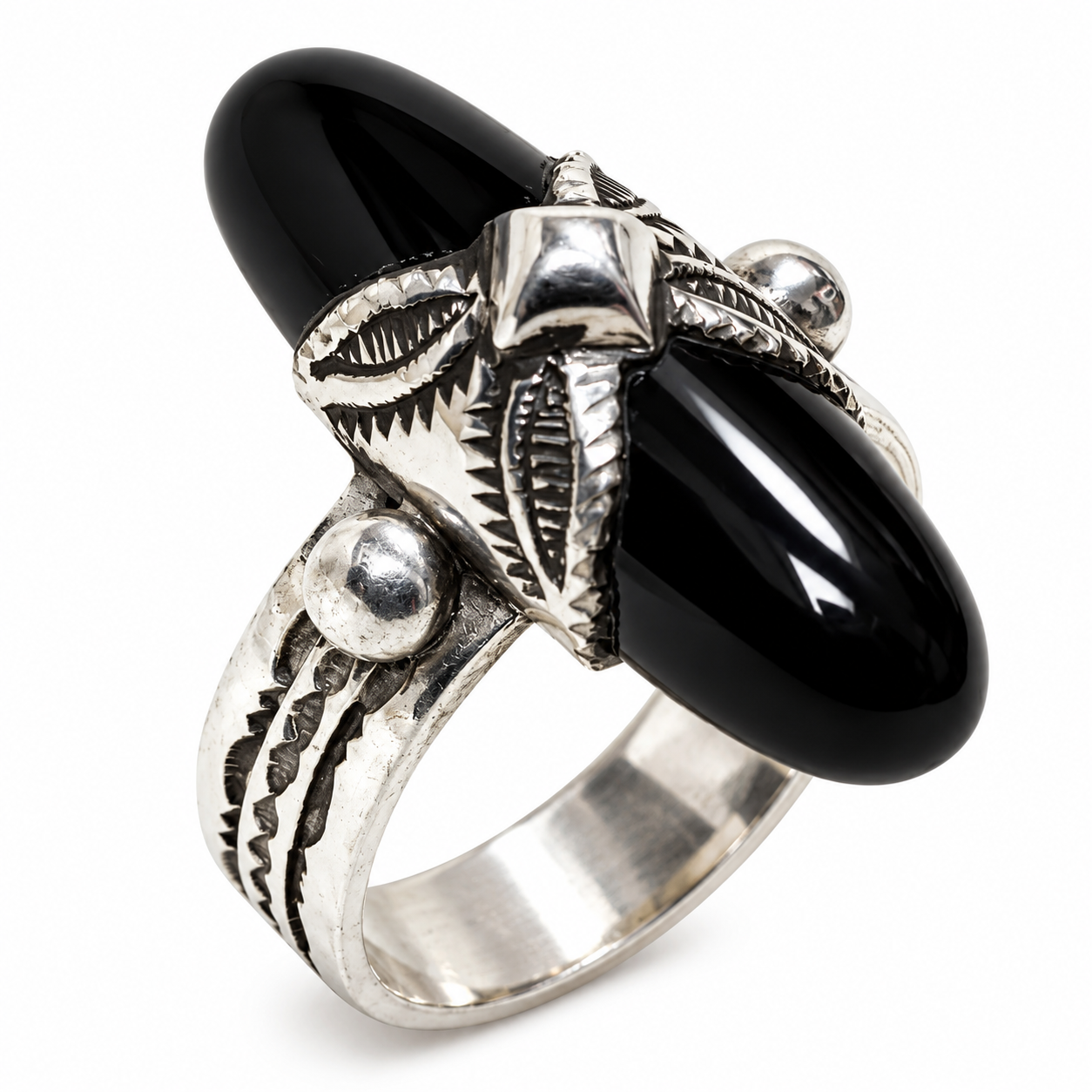 Berber Tuareg Silver Onyx Ring with Engraved Design