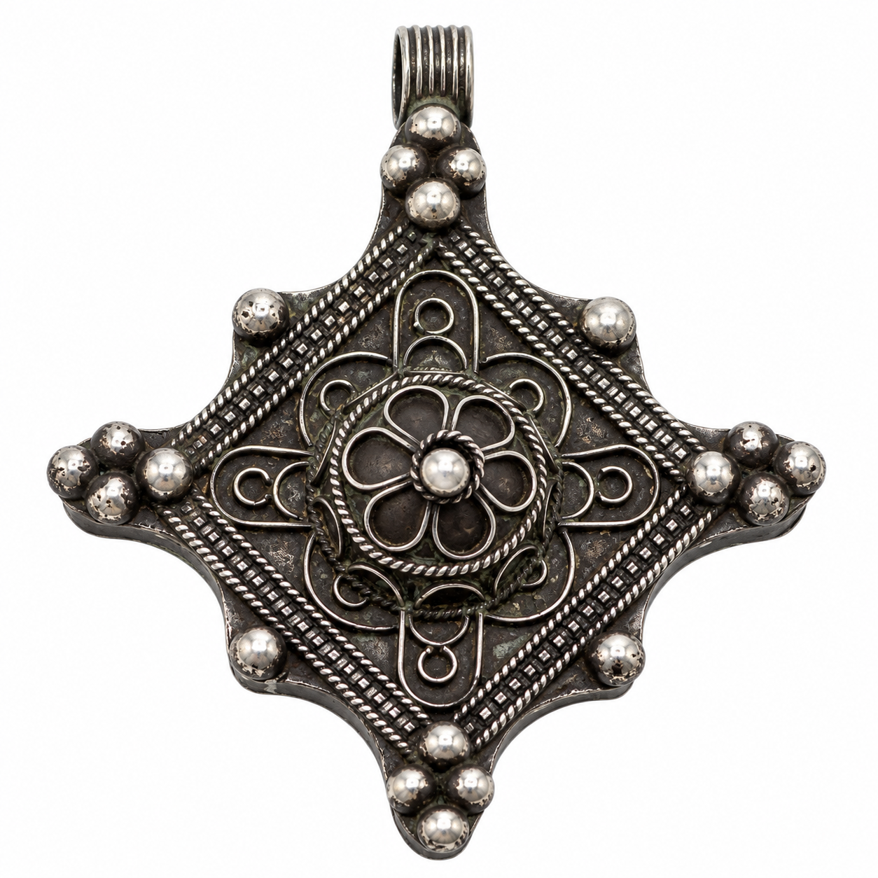 Berber Tuareg Silver Pendant Necklace with Geometric Engraved Design