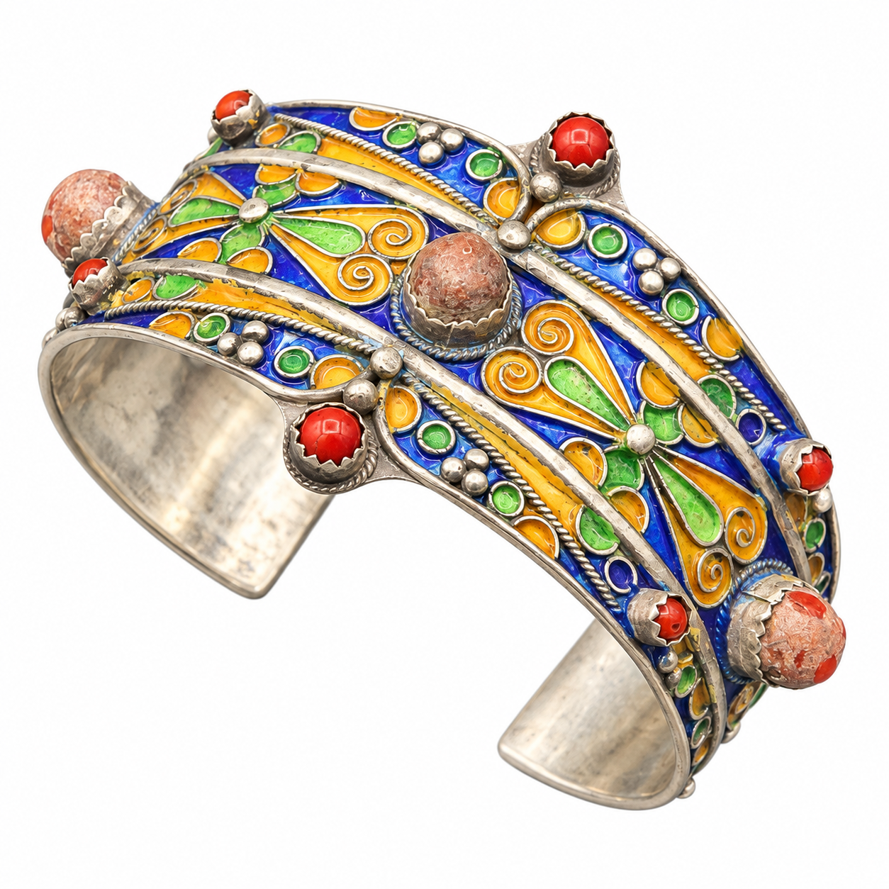 Berber Tuareg Sterling Coral Enamel Cuff Bracelet Jewelry