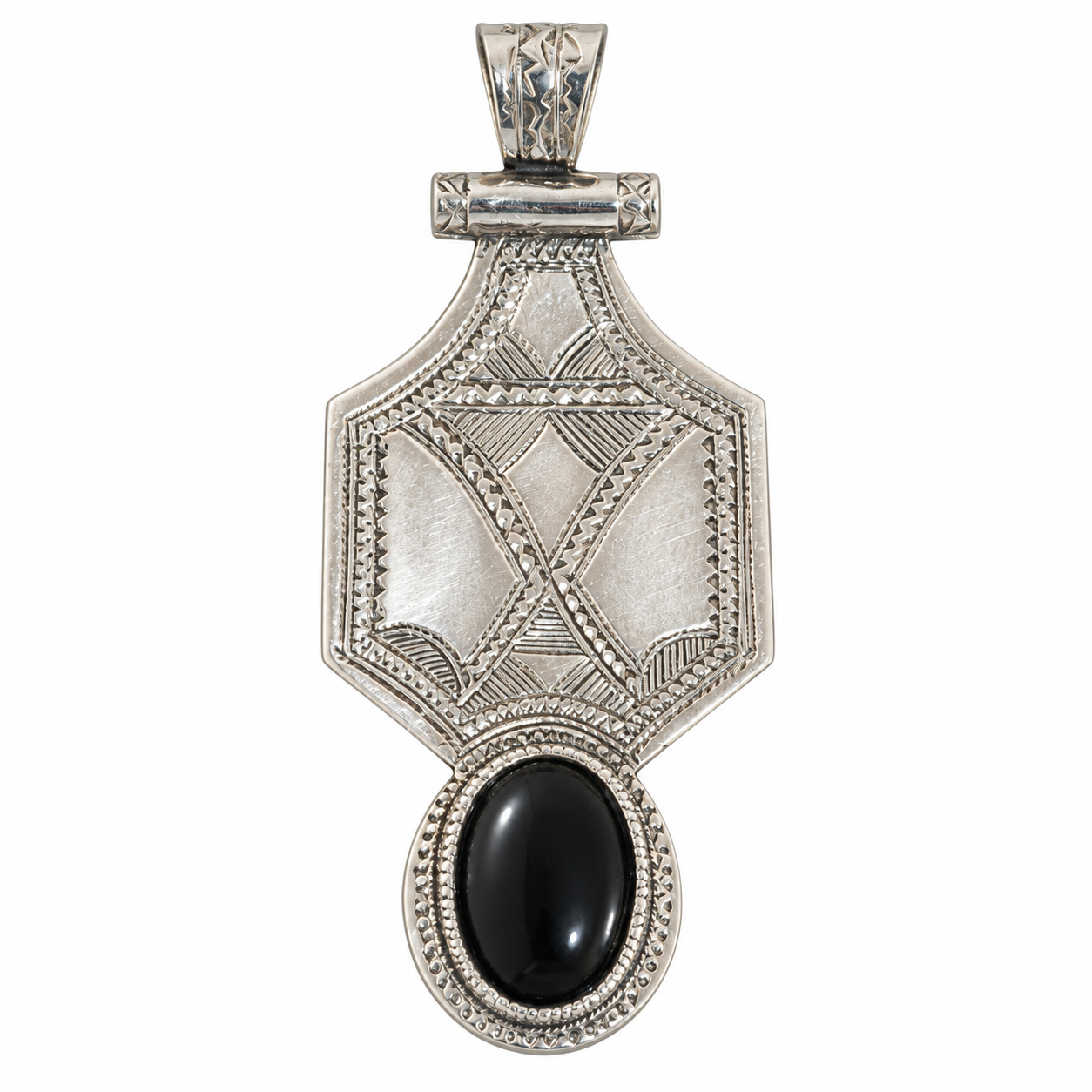 Berber Tuareg Tifinagh Motifs Silver Onyx Pendant Necklace