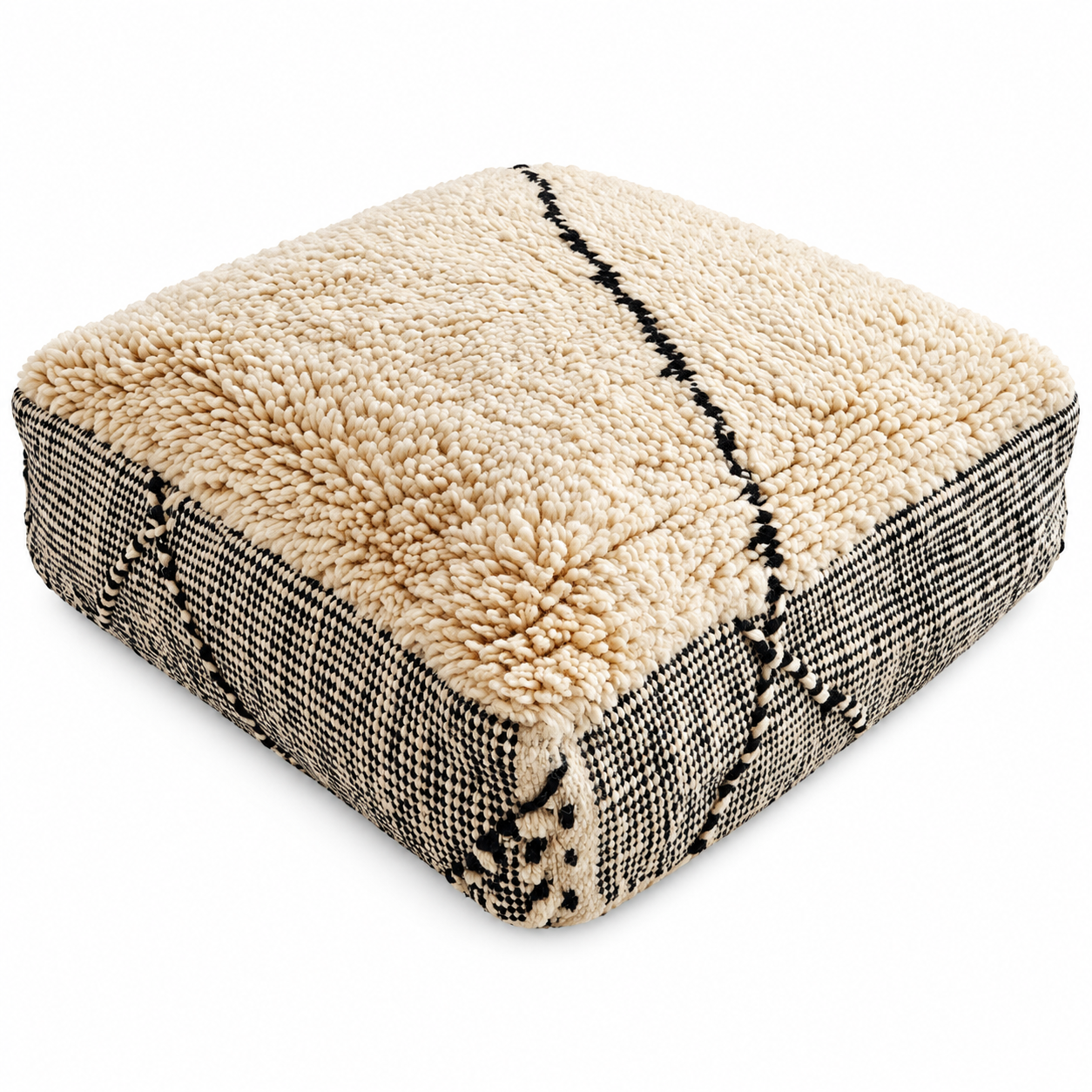 Berber Wool Cotton Pouf Ottoman Floor Accent Black Cream