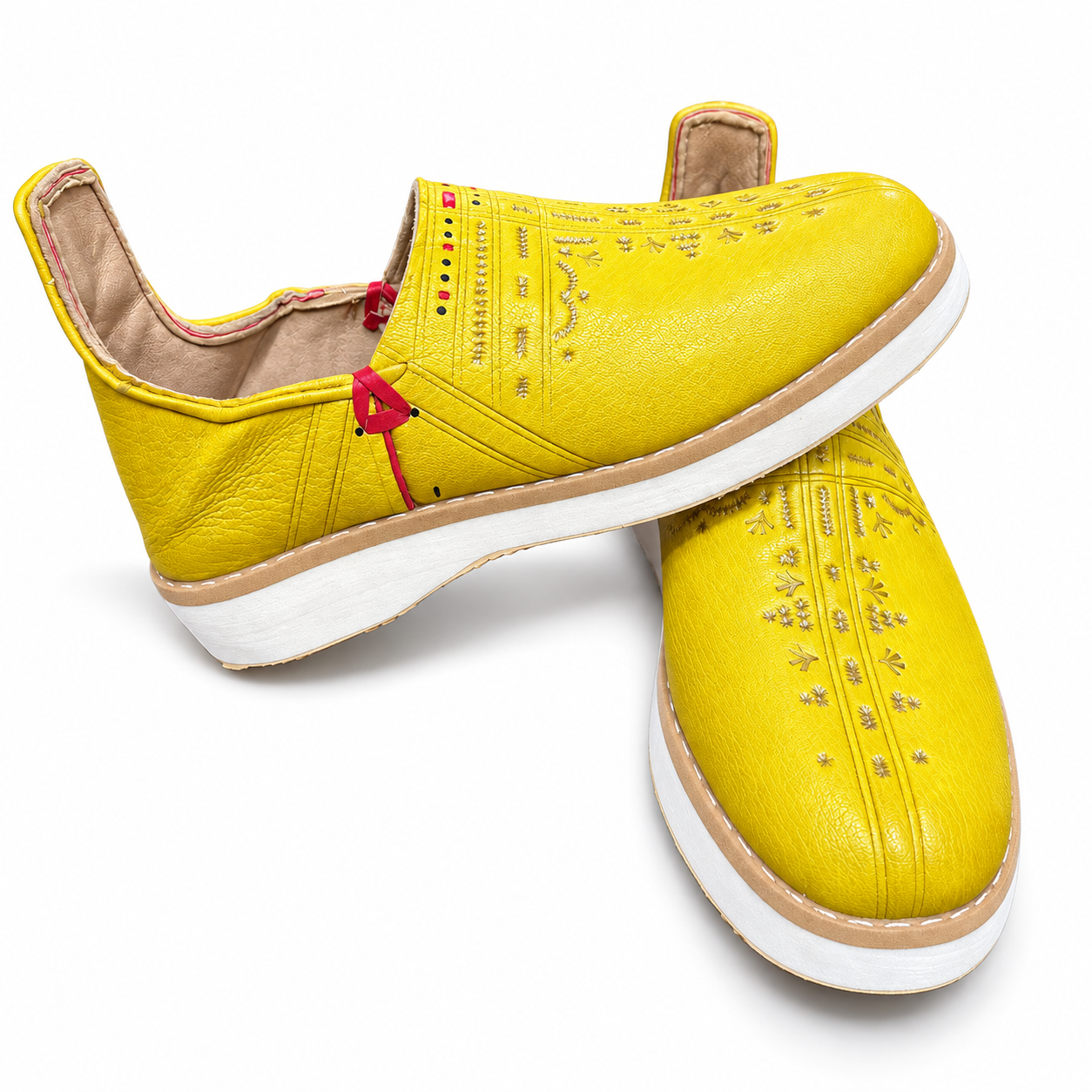 Berber Yellow Leather Babouche Shoes with Gold Embroidery