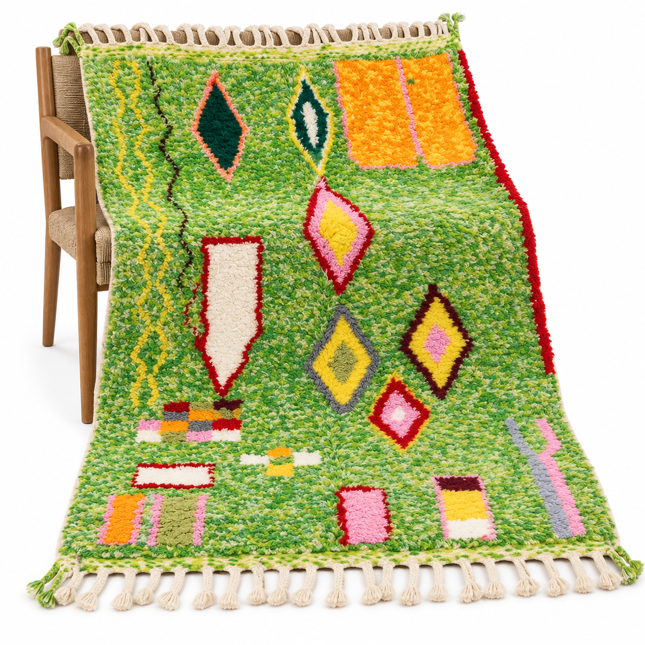 Colorful Amazigh Berber Green Wool Rug With Abstract Geometric Design