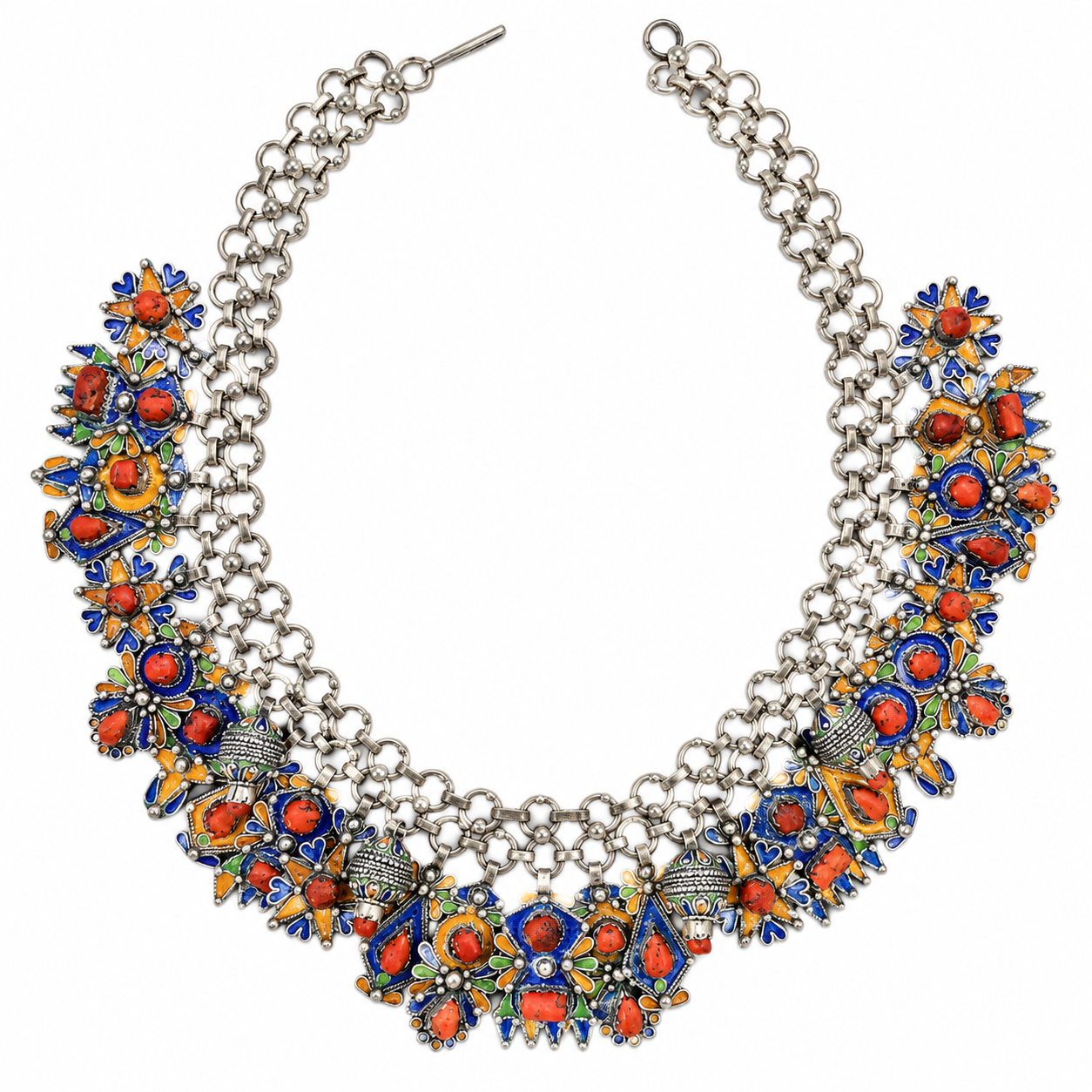 Exceptionnel Superbe Amazigh Berber Kabyle Tifinagh Silver Coral Enamel Necklace