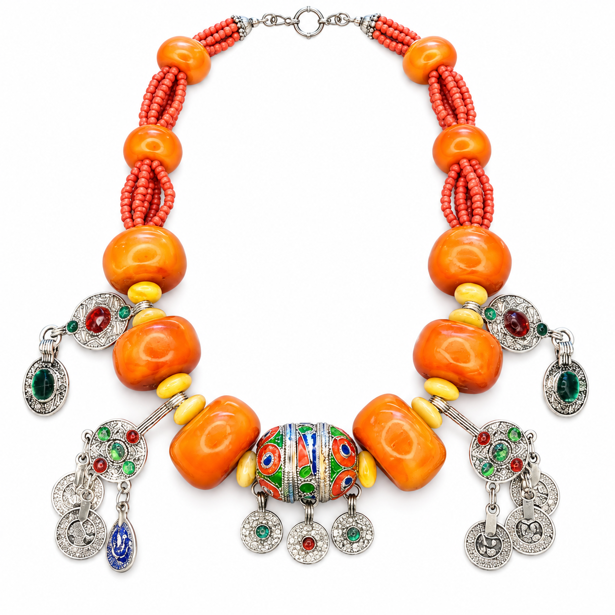 Handmade Amazigh Berber Beaded Orange Tribal Statement Necklace