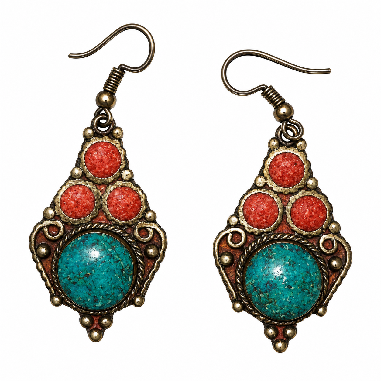 Handmade Amazigh Berber Earrings with Coral Turquoise Accents