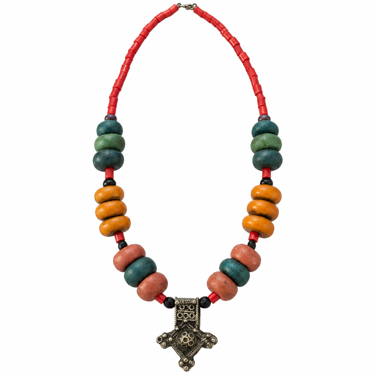 Handmade Berber Tuareg Cross Amazigh Necklace with Colorful Beads