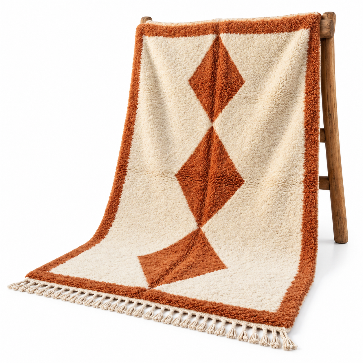 Handwoven Berber Beni Ourain Wool Rug Terracotta Diamond Area Rug