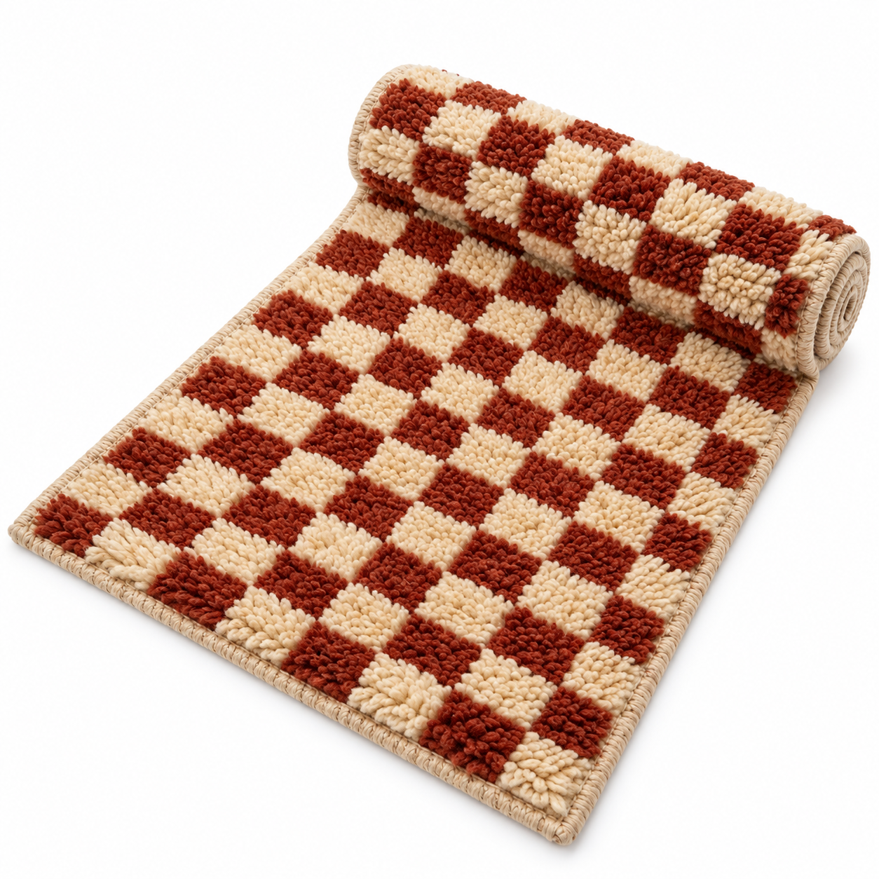 Handwoven Berber Wool Stair Tread Rug Rust Cream Checkerboard